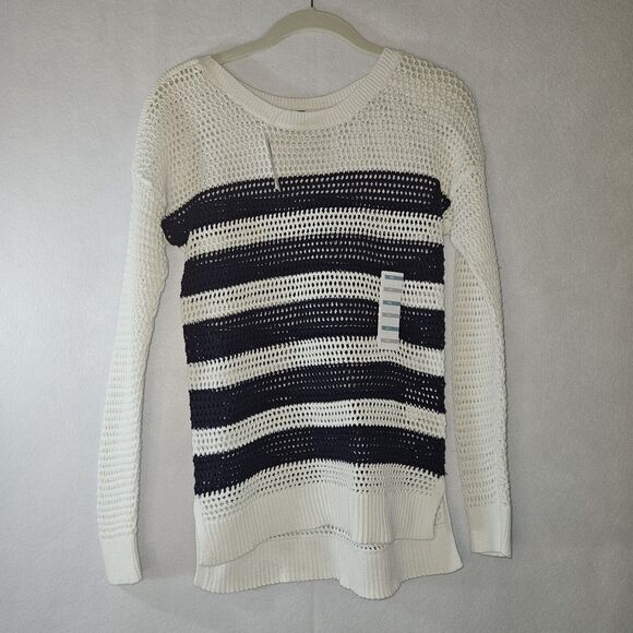 OLD NAVY Blue & White Stripe Sz Xs Side Slit Sweater NWT Knit Round Neck - Picture 1 of 6